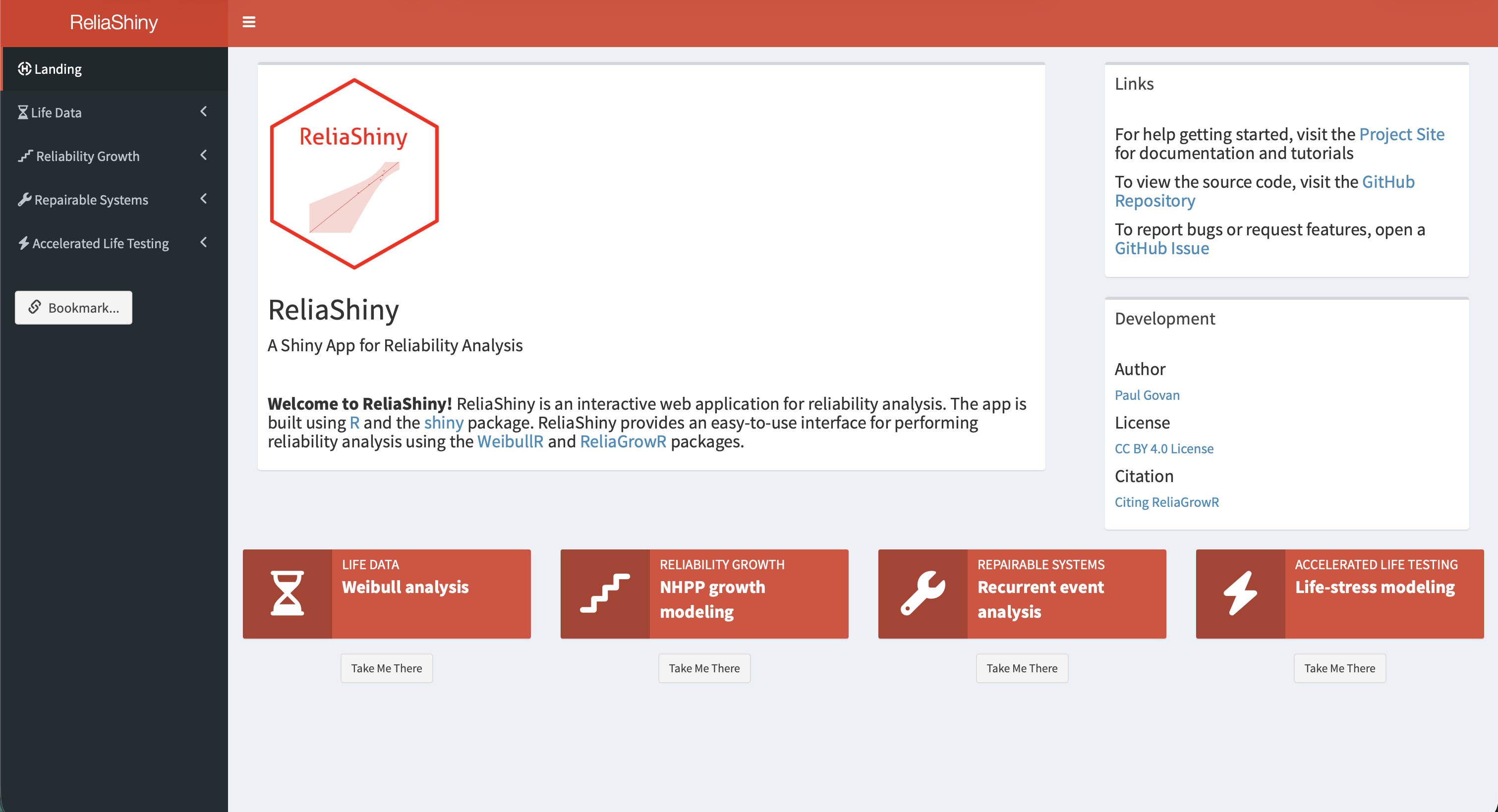 ReliaShiny web app with a left sidebar listing modules: RAM, Life Data Analysis, Reliability Growth, Accelerated Life Testing, Repairable Systems, and Reliability Block Diagrams.